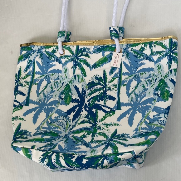 Top It Off Catalina Tote Bag Tropical Palm Print Tote Bag Blue and Green - Picture 9 of 15